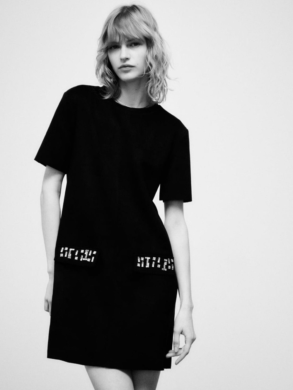 Zara Black Faux Suede Short Sleeve Dress Embellished Pockets Sz L⁠